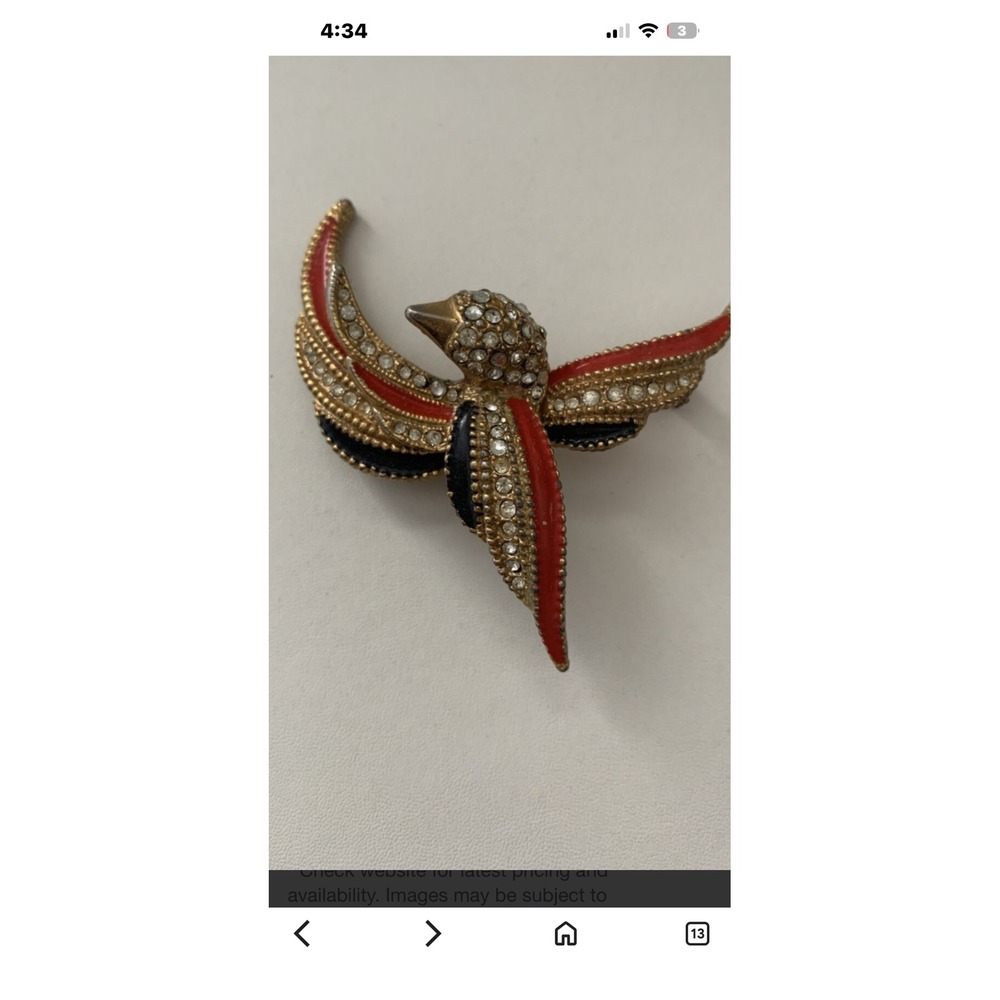 Vintage‎ Gold Tone Rhinestone Enamel Bird Brooch Red Black Swallow Pin Jewelry